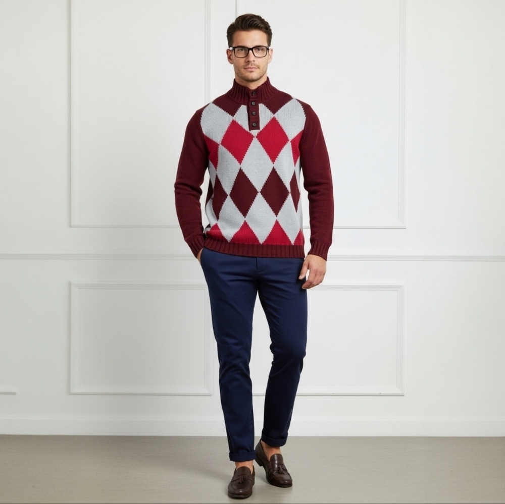 Andrea Fenzi 100% Cashmere Argyle Sweater – Preppy Academia Knit - Size XL